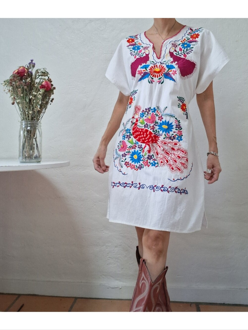 Mexican Oaxaca Artisanal Embroidered Peacock Dress White Manta Cotton Tunic Boho